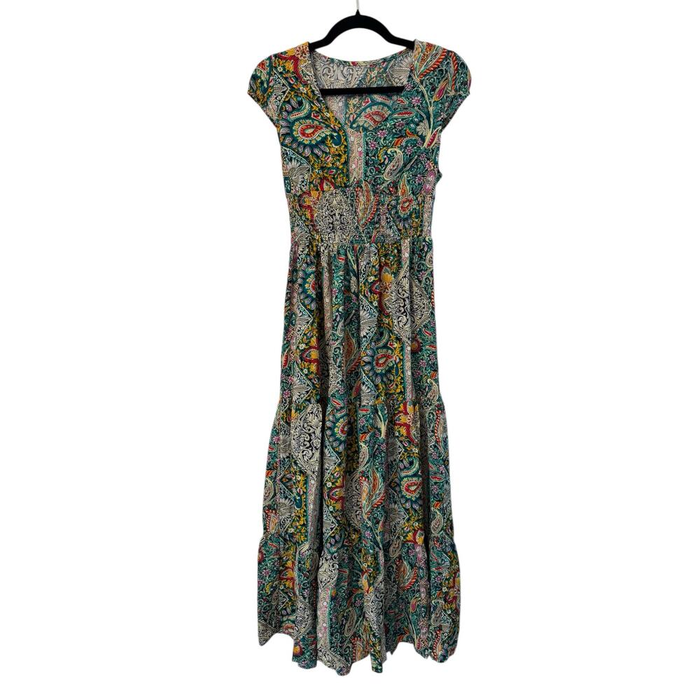 NWT Cupshe Boho Paisley Patchwork Maxi Dress Size XS Smocked Waist
